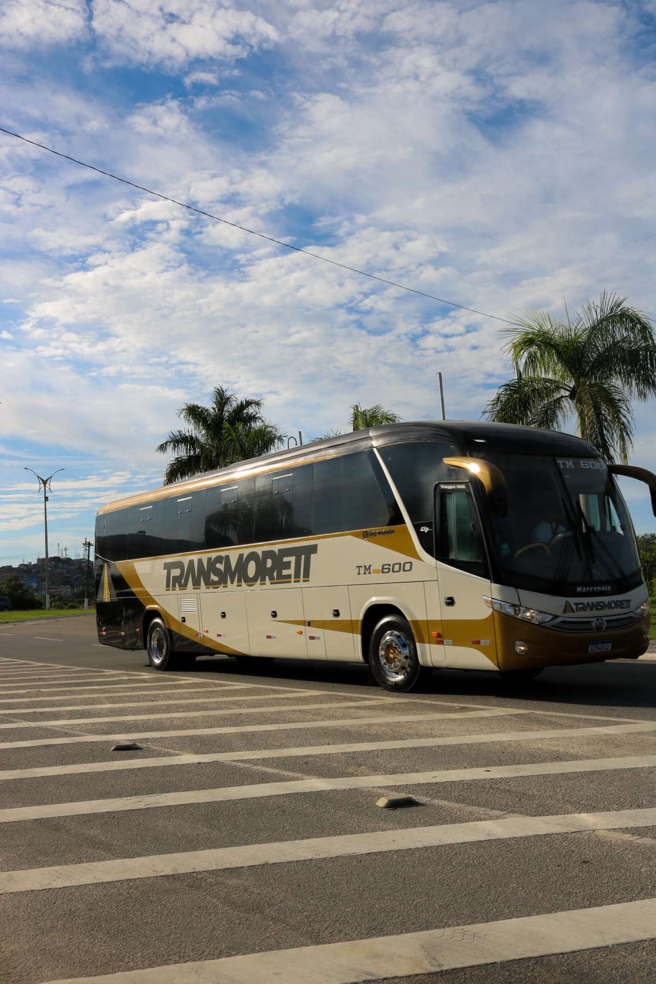 Ônibus executivo Transmorett em via pública, vista frontal