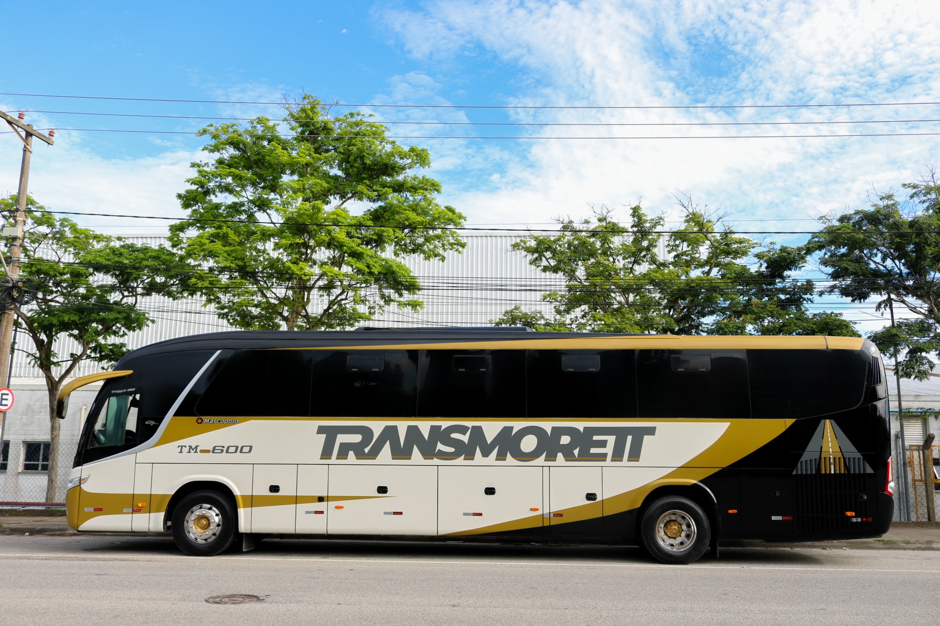 Ônibus executivo Transmorett em via pública, vista lateral